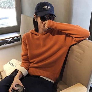 秋季新款舒适显瘦时尚百搭南瓜橘连帽衫长袖