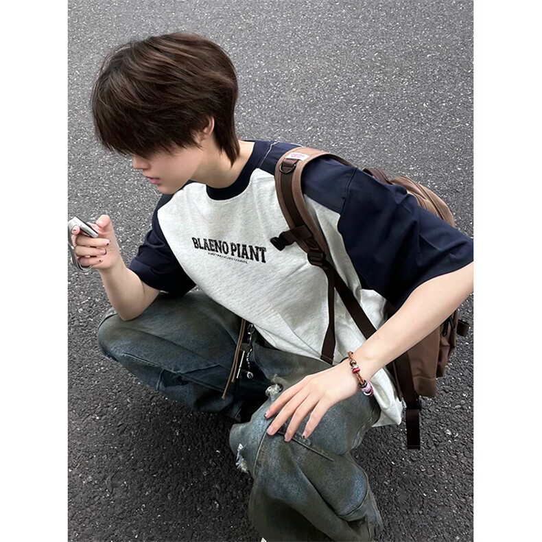 抖音得物高品质二开240克宽松纯棉美式潮牌插肩袖拼接短袖T恤，男装T恤，电商A486-1