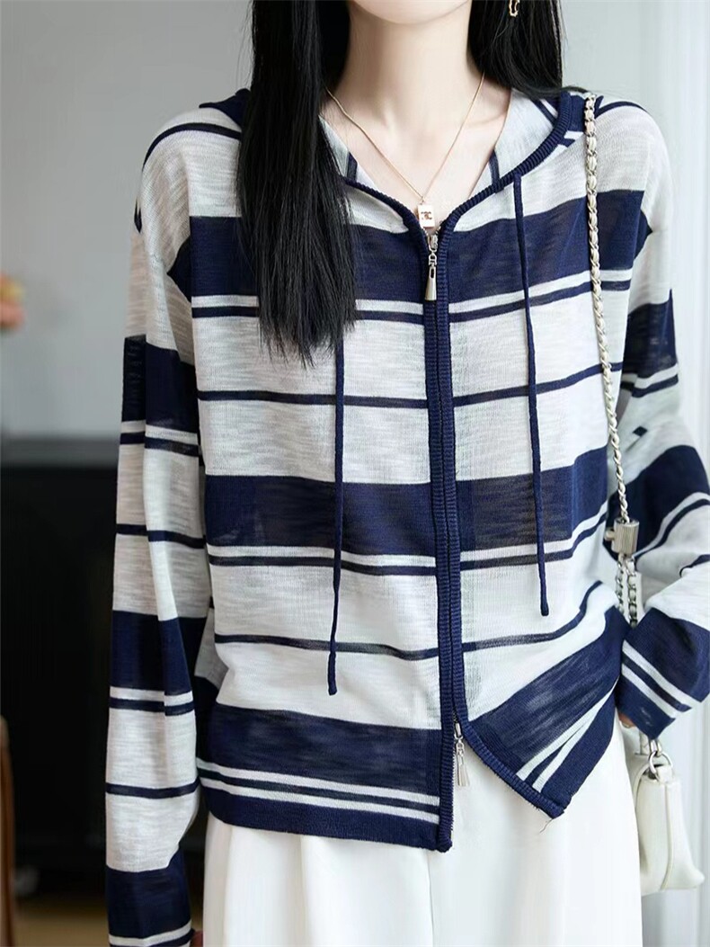防晒衫女针织透气方格帽衫,女装防晒衣,枫宸羊绒
