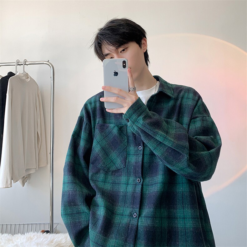 衬衫男秋季新款港风宽松大码磨毛格子长袖衬衣CS6638-特P29，男装衬衫，星座214-3