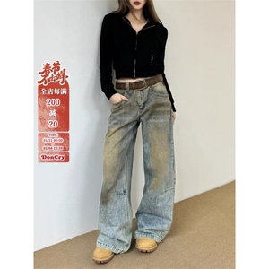 春新款美式高街怀旧复古垂感直筒牛仔裤男女显瘦拖地阔腿裤子图片