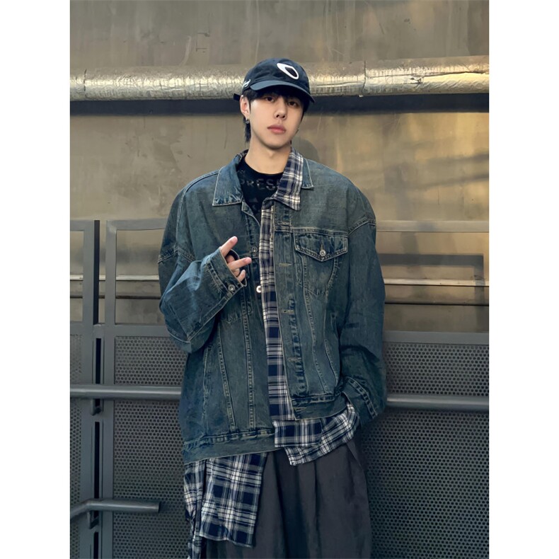 【有货】JK8624CC-特P80 假两件牛仔外套男格子衬衫拼接夹克图片