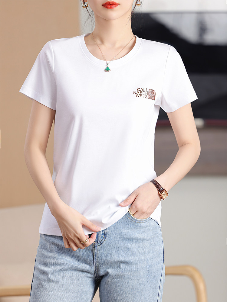 休闲风短袖简约高级印花棉T,女装T恤,元素羊绒