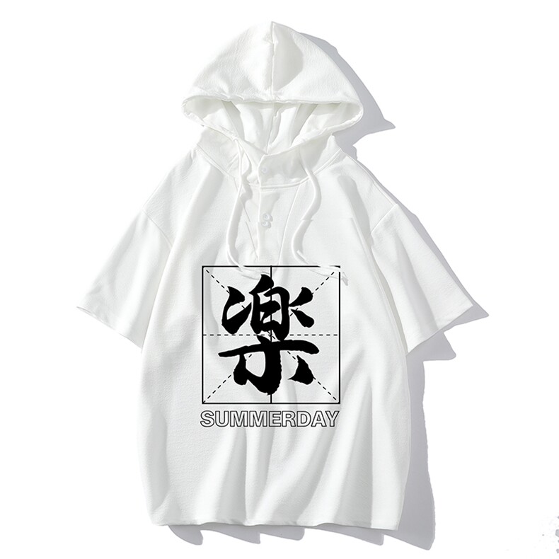 LD54197-P45连帽短袖t恤男大码胖子带帽五分袖中袖,男装T恤,电商A040
