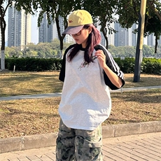 抖音得物品质二开240克宽松纯棉美式潮牌插肩三杠织带短袖T恤，男装T恤，电商A486