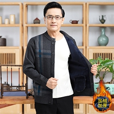 秋冬季加绒加厚系扣开衫中老年男保暖针织毛衣外套爸爸上衣，男装针织衫/毛衣，钱塘6003（原4033）