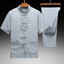 DW22039夏男式薄款短袖风纽扣休闲套装中老年爸爸装唐装P120，男装民族服装，电商B360