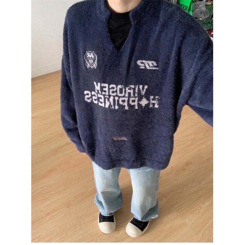 刺绣条纹水貂毛圆领毛衣男女松弛感慵懒风套头针织衫潮流MY9231图片