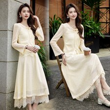 现货2026年春季新款女时尚气质优雅风通用蕾丝拼接两件套装连衣裙，女装套装/套裙，奋斗女王