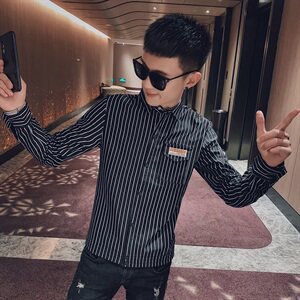 秋季条纹弹力长袖修身衬衫社会精神小伙潮男衬衣C301B-CS06特图片