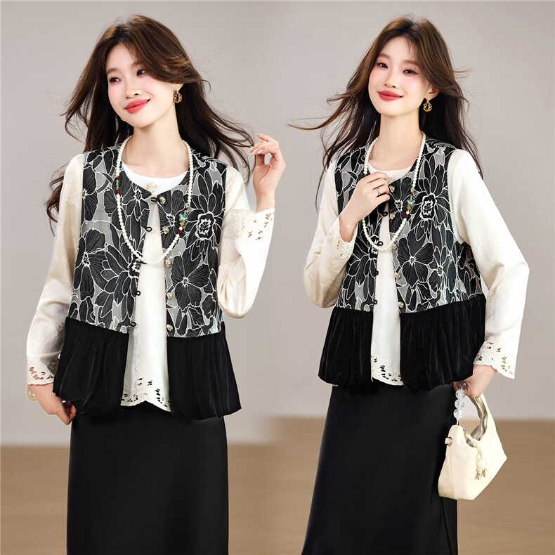现货春季新款新中式立体花卉剪裁拼接圆领洋气缎面衬衫两件套装女，女装套装/套裙，央宝儿