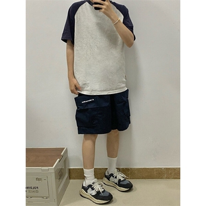 抖音得物高品质二开240克宽松纯棉美式潮牌插肩袖拼接短袖T恤图片