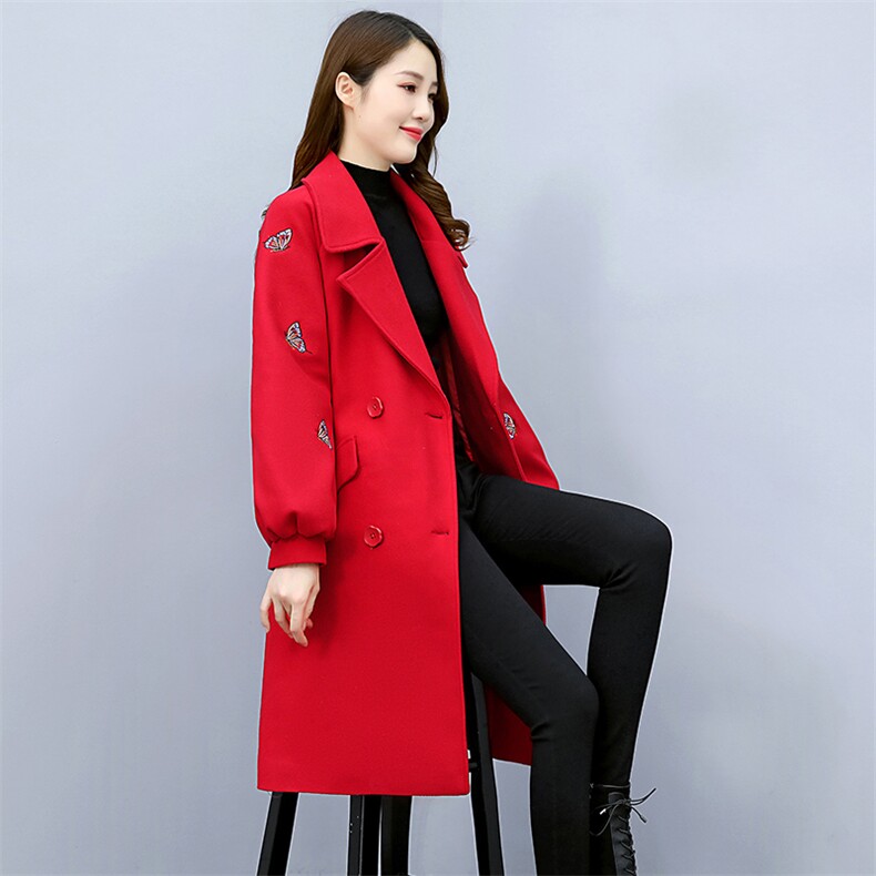 2022冬季新款绣花蝴蝶中长款双排扣毛呢大衣外套,女装毛呢外套,天丝秀
