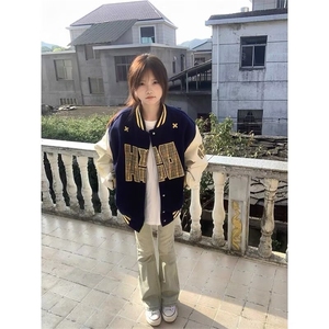 美式字母重磅刺绣棒球服夹克男女宽松加绒百搭外套潮HH8806 P78图片