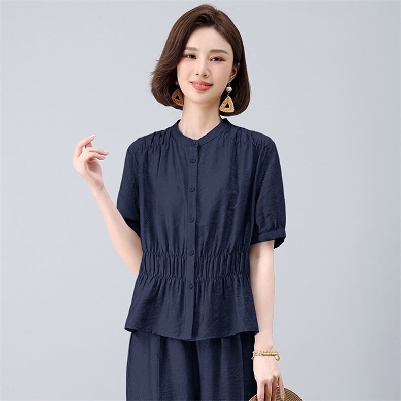 女2026夏季优雅短袖天丝亚麻衬衫阔腿裤时尚上衣可单卖,女装衬衫,曼沙奕珂