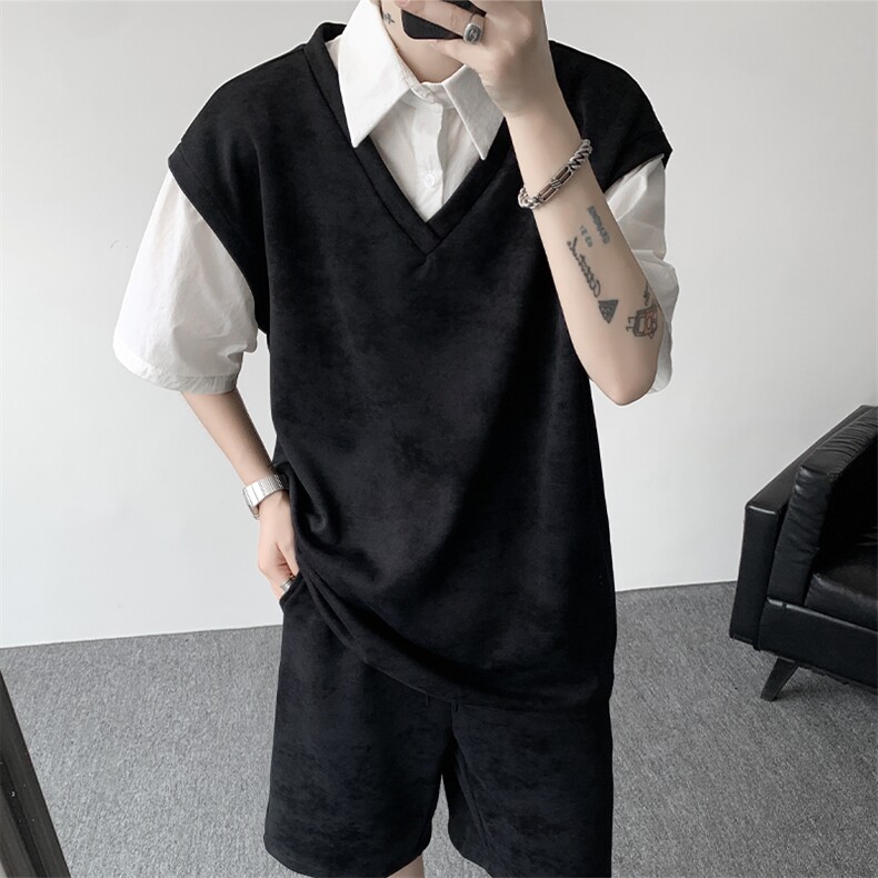 扎染套装西装领休闲春夏套装短袖短裤潮流休闲套装扎染面料特P65，男装休闲套装，电商B319