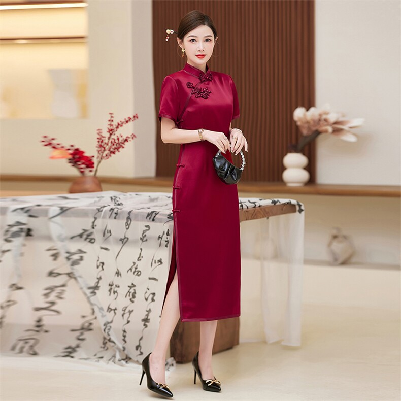 喜婆婆婚宴装2025新款醋酸大码妈妈礼服高贵改良红色旗袍连衣裙夏,女装汉服/婚纱/旗袍/礼服,小荷流