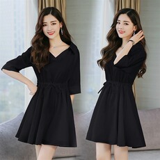 时尚显瘦纯色连衣裙松紧腰设计大摆型春夏新款女装，女装连衣裙，海爱依仁