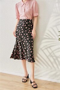 1093#黑色、米色，S-XXL，花色鱼尾裙。图片