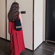 红色不规则拼接法式连衣裙2025新款女初夏假两件高级感小众背心裙，女装套装/套裙，2C137