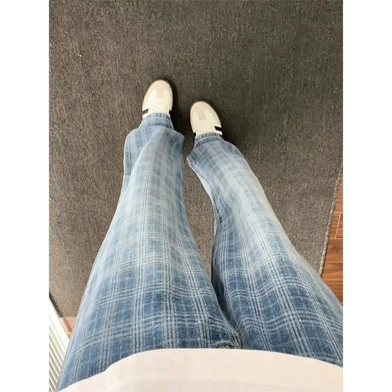 美式复古格子牛仔裤男夏薄款痞帅高级感裤子cleanfit宽松直筒长裤图片