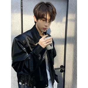 鳄鱼纹垫肩皮衣夹克男 春季宽松百搭PU皮短款情侣外套CJK911图片