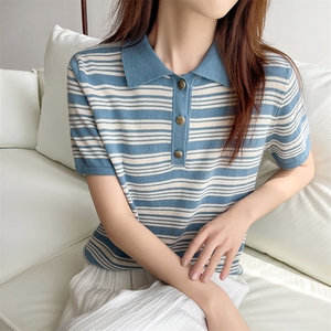 100纯棉短袖t恤女夏季韩版新款针织条纹polo衫外穿宽松上衣打底衫图片