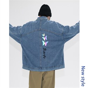 2021秋季新日系大码男镭射炫彩蝴蝶反光印花牛仔夹克外套NJ126P70图片