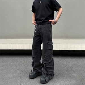 美式高街cleanfit黑色大口袋工装牛仔裤男直筒宽松vib图片