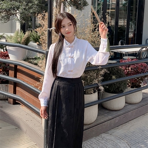优雅新中式立领提花衬衫修身显瘦长袖上衣搭配高腰马面裙图片