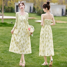 《48H发》气质压花吊带两件套连衣裙，女装套装/套裙，魅丽静蓝