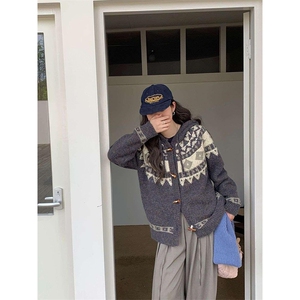 重磅秋冬北极绒开衫毛衣美式复古休闲慵懒风牛角扣针织衫连帽外套图片