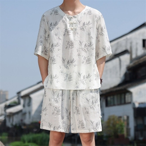 2025春季新款男装风冰丝竹叶印花盘扣套装短袖+短裤 A103-P80图片