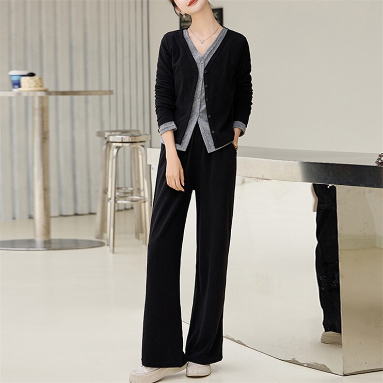时尚修身显瘦假两件套装女2024春装长袖T恤+高腰阔腿长裤两件套,女装套装/套裙,江南女神