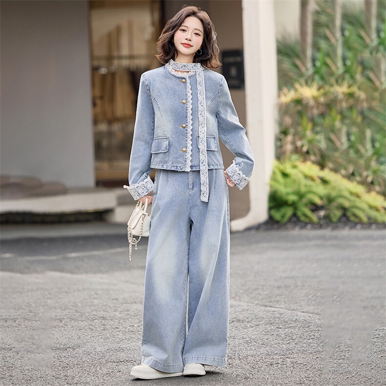 牛仔套装女春装2025新款超火开春穿搭小个子阔腿裤两件套洋气时尚,女装套装/套裙,天丝秀