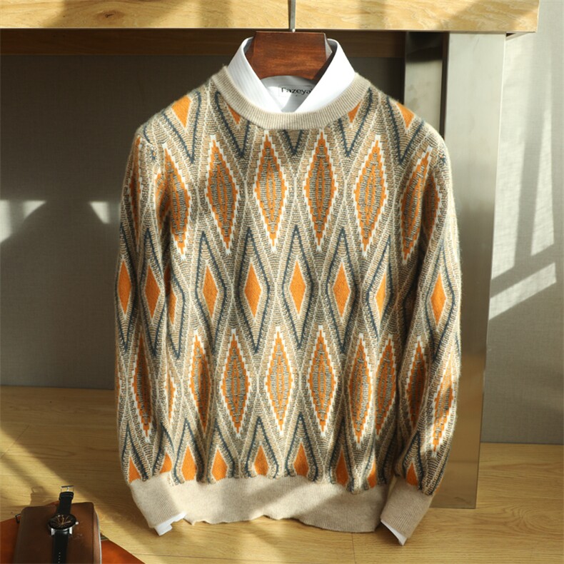 时尚菱形拼色男士高级百搭羊毛打底衫经典圆领设计舒适保暖男装，男装羊毛衫，冬季工坊