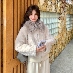 大毛领短款羊羔仿皮草外套毛绒保暖翻领冬季女图片