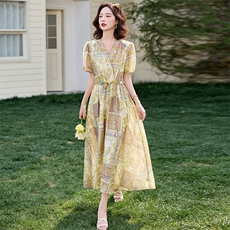 法式复古波西米亚风连衣裙2025夏季新款时尚收腰显瘦印花裙子女，女装连衣裙，魅丽静蓝