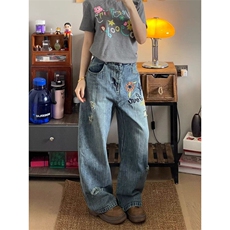 美式复古花卉刺绣弯刀牛仔裤男女破洞设计感休闲宽松情侣直筒裤潮，男装牛仔裤，星座410-7