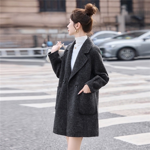 高级感灰色双面羊毛呢大衣女2025秋冬气质西装领宽松显瘦毛呢外套图片