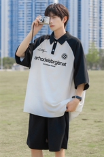 港风24夏款华夫格字母印花POLO休闲短袖套装TZ61185P65控88，男装休闲套装，电商A268A