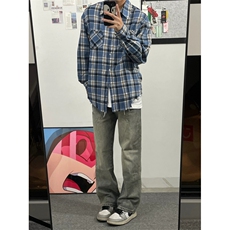 蓝色美式格纹衬衫男毛边格子长袖衬衣外套B326-P45，男装衬衫，星座1007（原301D）