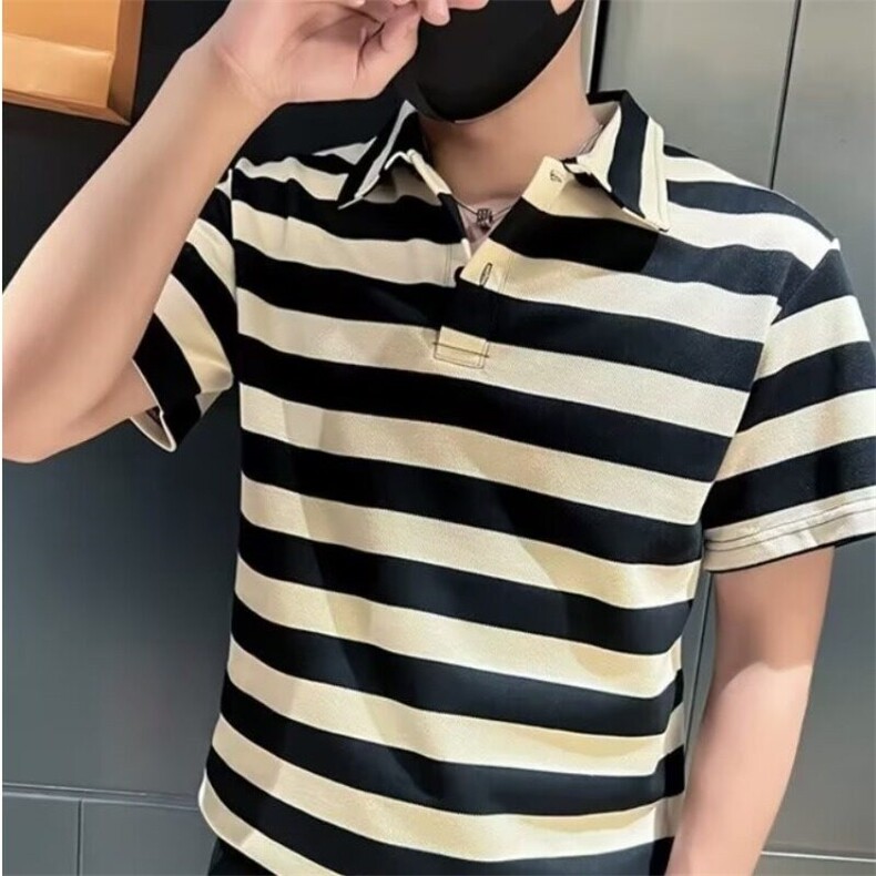 撞色条纹polo衫短袖男士夏季新款翻领T恤ins潮牌痞帅休闲半袖体恤，男装Polo衫，星座506A