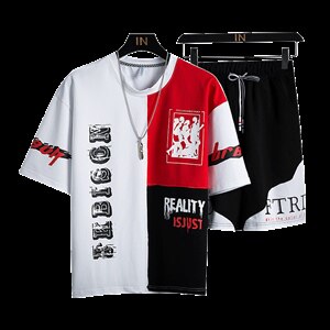 夏装新款青少年运动休闲T恤两件套五分裤短袖套装男F155P55图片