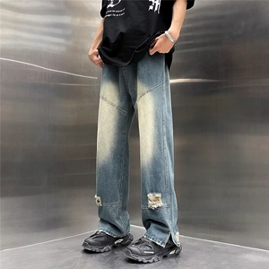 青春流行ins男直筒水洗破洞牛仔裤 P45图片