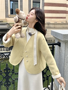 黄色V领飘带双面呢羊毛外套女秋冬2025新款高级感爆款小个子大衣图片