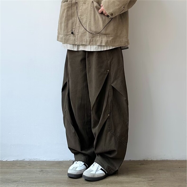 美式立体褶皱设计伞兵裤男潮流老钱风宽松直筒微喇阔腿休闲裤,男装休闲裤,星座506A