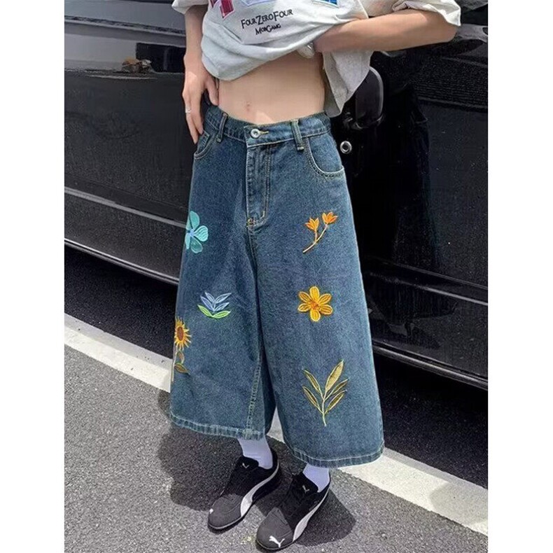 花卉刺绣牛仔短裤男款夏季宽松阔腿七分裤子直筒中裤N3566,男装牛仔裤,星座1116A（原606A-3）