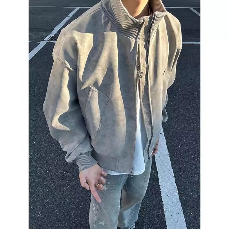 灰色扎染PU皮夹克男春秋美式覆古boxy版型外套痞帅立领工装棒球服,男装夹克,星座601-1