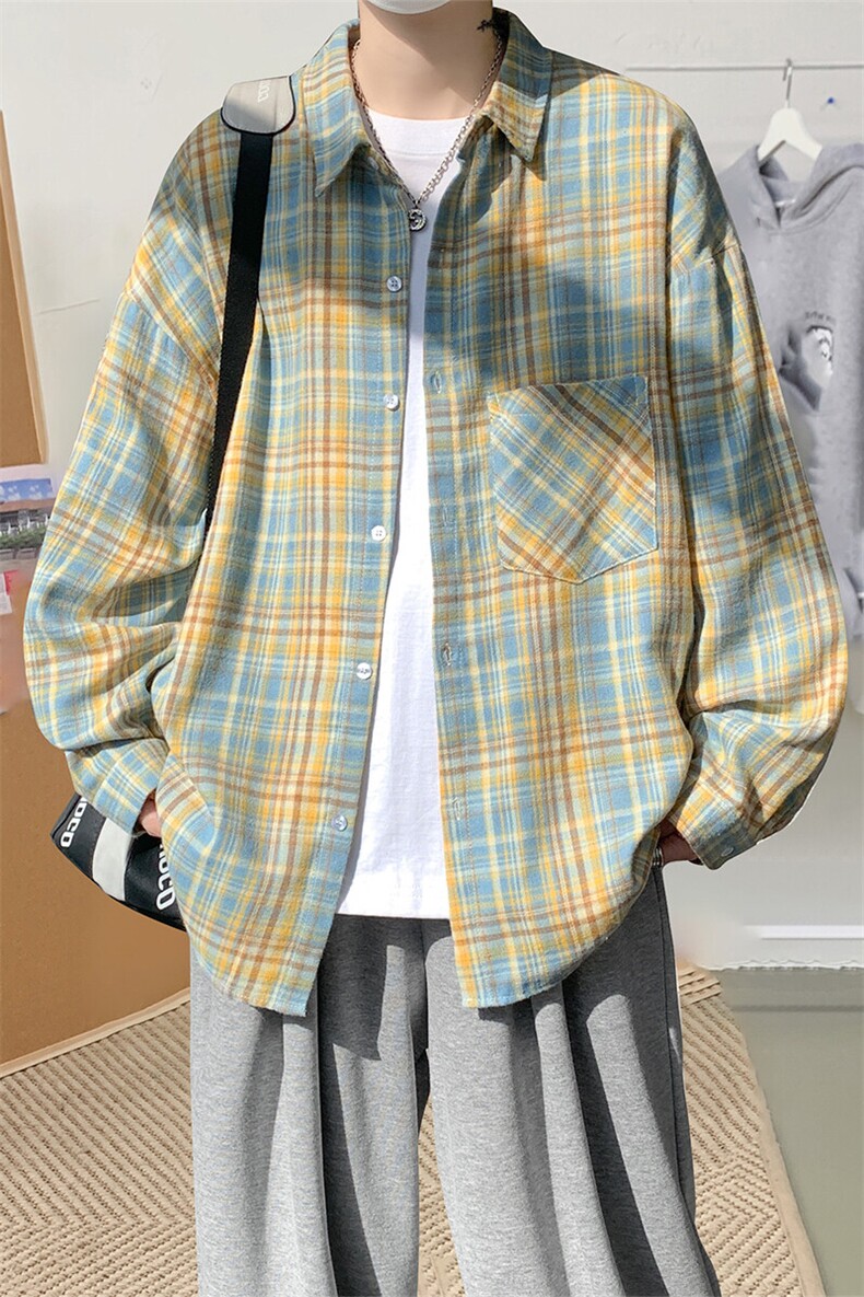 衬衫男春季新款港风宽松磨毛格子长袖衬衣CS601-特P27无差价,男装衬衫,星座214-3